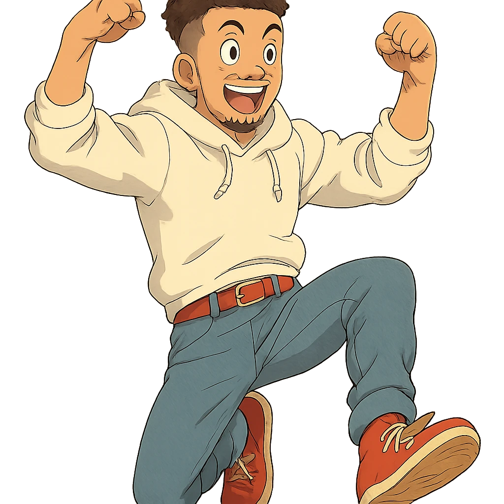 1 male, mid fade haircut dark chestnut brown curly hair, toasted lightskin, white hoodie sleeves up, fashion jeans, red fashion-sneakers shoes, red belt, short trimmed beard and goatee,  style of deku from "my hero academia", doing a "hype" pose emoji