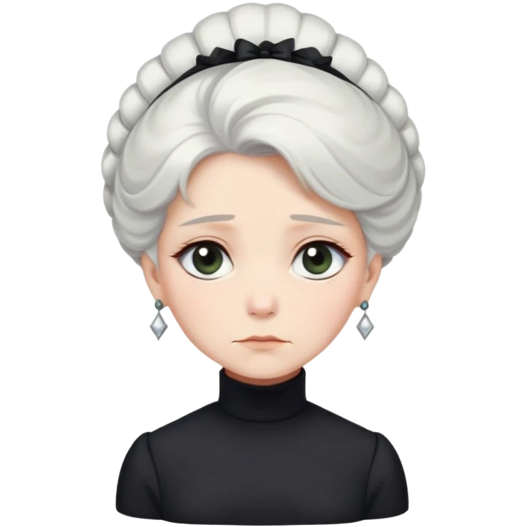 A Victorian woman with elegant coiffed white hair and light eyes wearing a simple modest black turtleneck mourning dress without jewelry looking down with a forlorn expression emoji