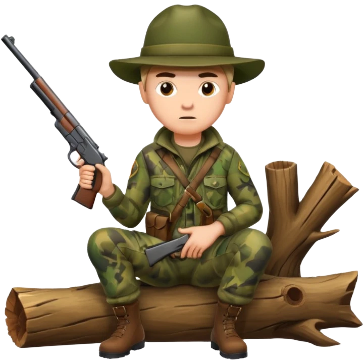 male hunter sitting on a log with gun, alert expression emoji