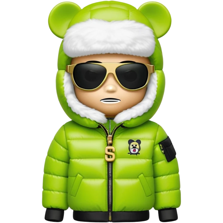 authentic cubic bearbrick figure with block head, wearing lime green balaclava with integrated black visor lens at eye area, oversized Supreme logo puffer jacket with large fur collar and fur trim, gold chains emoji