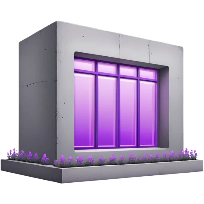 Minimalist gray concrete panel building with one window glowing bright purple from grow lights inside, simple rectangular structure emoji