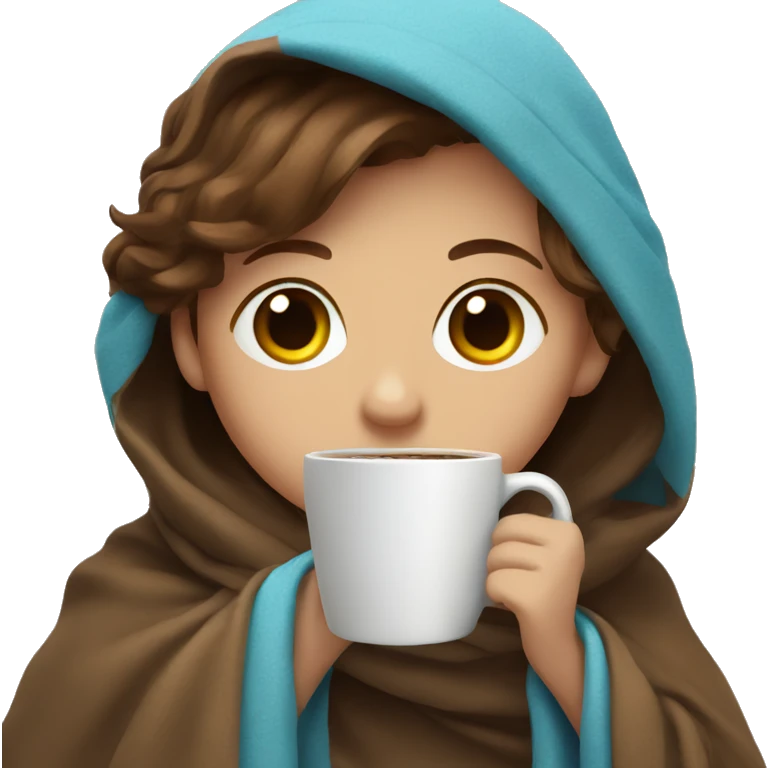Brown hair with blue eyes drinking coffee wrapped in a blanket  emoji