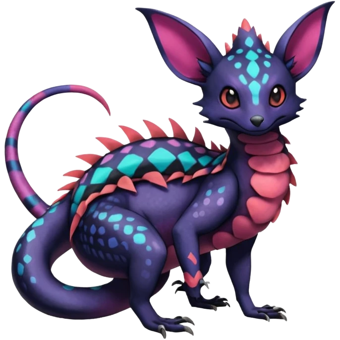 Rare epic aesthetic colorful Salandit-Noibat-Eevee-Genet-species-Fakemon-hybrid-creature, with markings, full body emoji