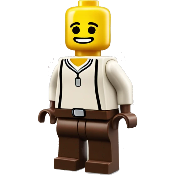 A smiling LEGO Minifigure with hands on their hips and a glowing head emoji