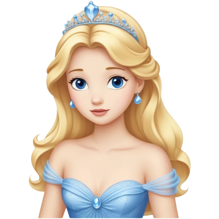 Cinematic Realistic Cute Cinderella Portrait, featuring fair, luminous skin with finely detailed texture and softly lit golden-blonde hair cascading in gentle waves. Her warm, inviting blue eyes sparkle with youthful charm and curiosity, while her classic, elegantly draped ball gown reveals meticulously rendered fabric details and natural folds. The overall composition is bathed in a gentle, realistic radiance that exudes both playfulness and heartfelt beauty. emoji