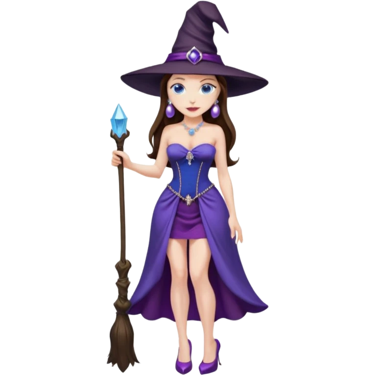 sexy woman brunette, very large breasts, pale skin, blue eyes, long brown hair, purple strapless dress, witch hat, pearl earrings, smirking, in high heels, standing, head to toe, full body, zoomed out, entire outfit visible emoji