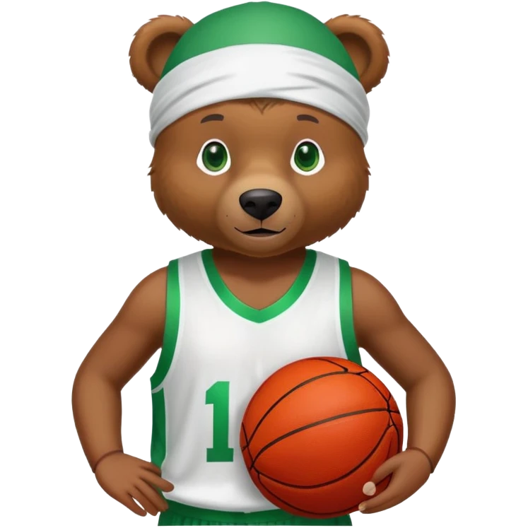 Cool brown bear with green eyes in a white silk durag and red basketball jersey showing just the top shoulders and collar, iOS emoji style emoji