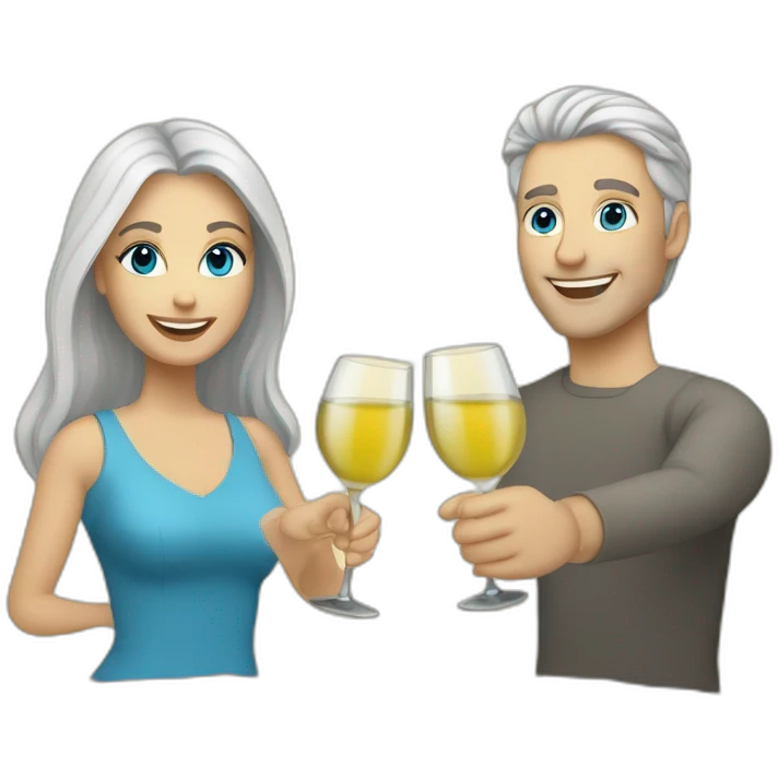 caucasian woman with brown eyes and blond medium long hair and a caucasian man with blue eyes and grey hair, toasting with a glass of white wine emoji
