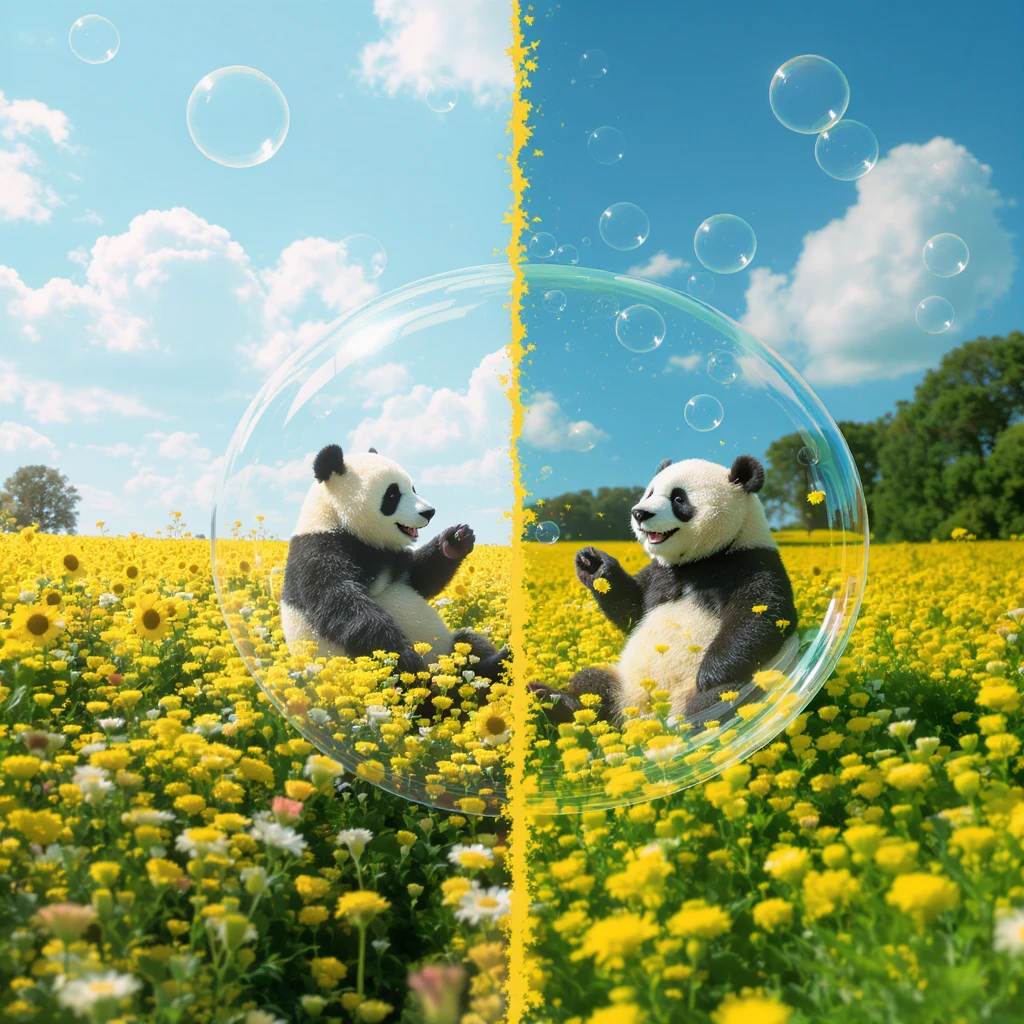 Cinematic still pandas bears sitting inside bubbles flying over field full of flowers, sunny summer day, happy vibe, minimalisic, composition splited to half (sky and flowers) emoji