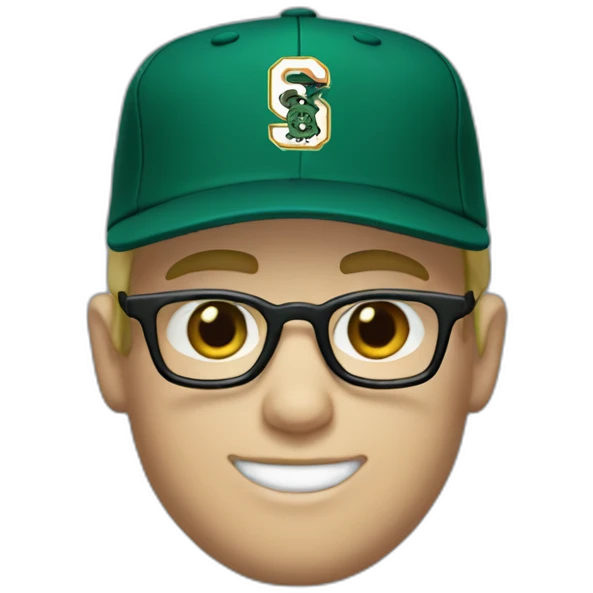 baseball card character. Blonde male. Short hair with glasses. Dark green uniform with hat. Blue eyes and a cobra snake logo on the hat emoji