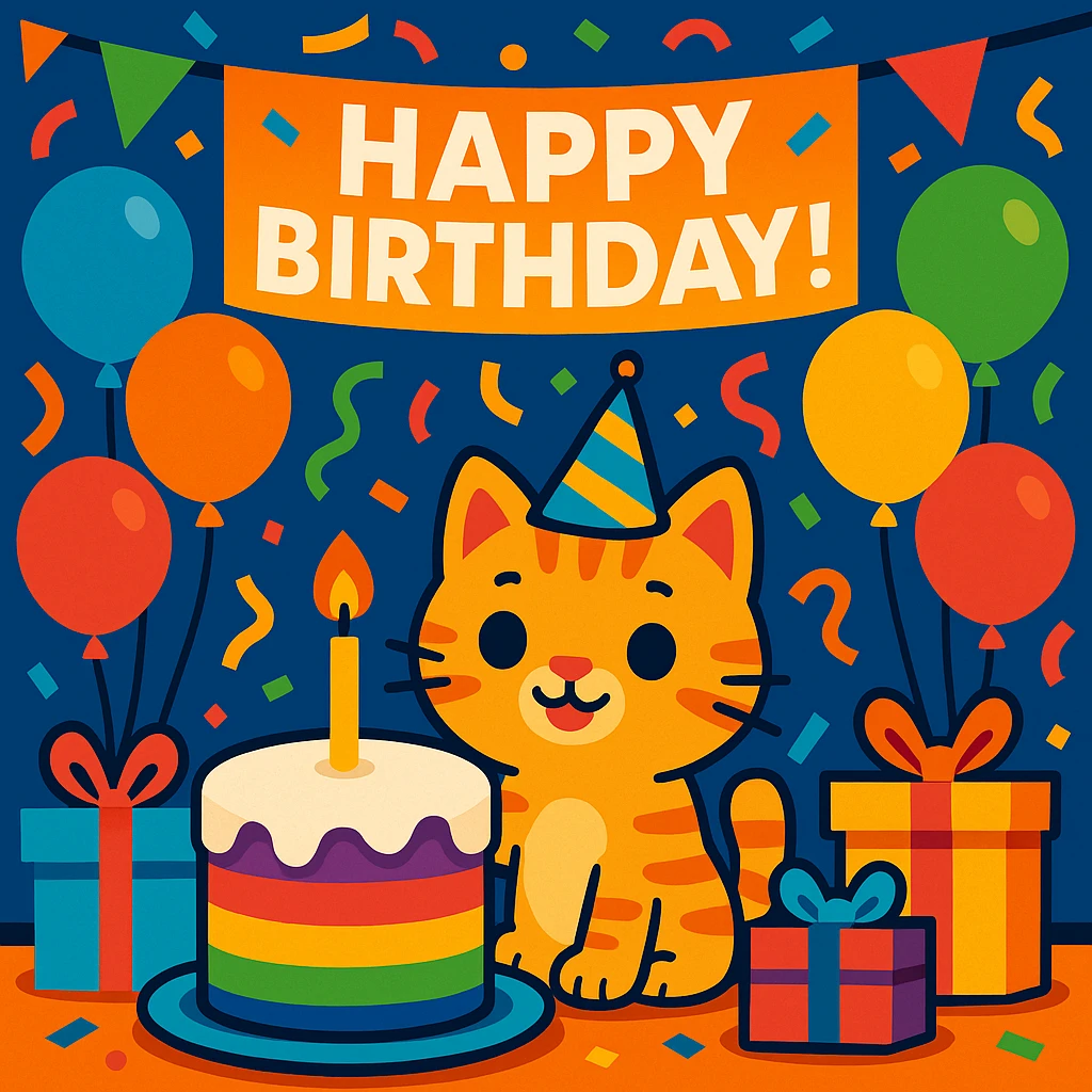 birthday party scene with rainbow balloons, multicolored decorations, confetti, large rainbow birthday cake, gifts, festive atmosphere, featuring a ginger tabby kitten wearing a birthday hat as the main character, with a prominent 'Happy Birthday!' message emoji