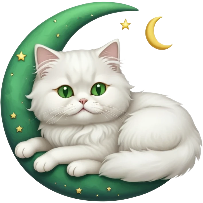 White Persian cat with green eyes sleeping on crescent moon  emoji