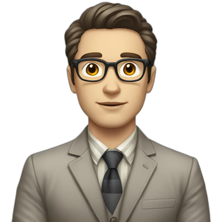 Pale skinned Fit Man With dark brown hair in gray jacket with stripe In the form of emblem Ψ, beige office shirt and vintage glasses Sitting at the table emoji