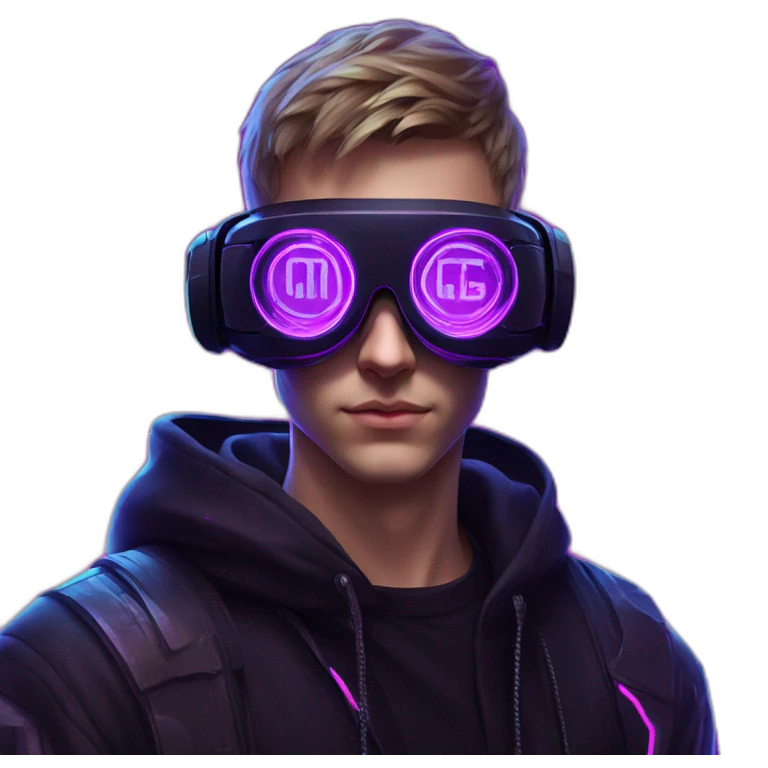 Russian young man wearing a black hoodie with "OMG" letters on it and VR headset in a cyberpunk VR environment with violet neon lighting. emoji