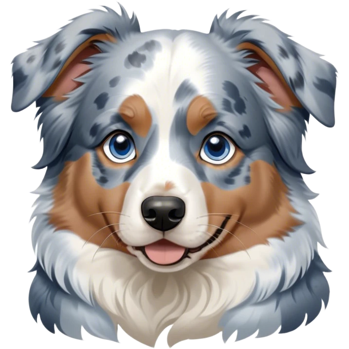 Cinematic Noble Tan Point Blue Merle Australian Shepherd Portrait Emoji, Poised and regal, with a strong, agile build and a striking coat featuring a blue merle base with bold tan points and crisp white accents, piercing blue eyes, Simplified yet sharp and sophisticated features, highly detailed, glowing with a soft, dignified glow, high shine, intelligent and loyal, stylized with an air of strength, focused and attentive, soft glowing outline, capturing the essence of a watchful and confident herder, so majestic it feels as though it could step out of the screen with effortless authority! emoji