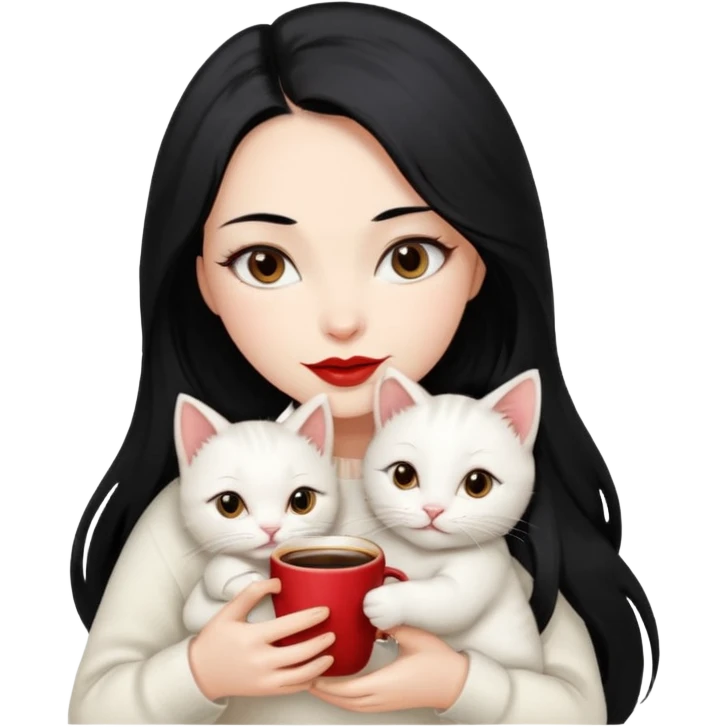 Beautiful Lady Long Hair black, Skin White, Sweater White , Big Red Lips, Eyes coffe, Huggie a One Little Baby Cat color Cream eyes coffe emoji