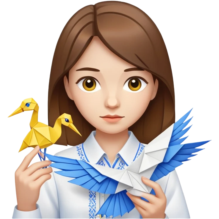 Ukrainian young girl with brown hair wearing a white embroidered shirt holds an origami yellow-blue crane emoji