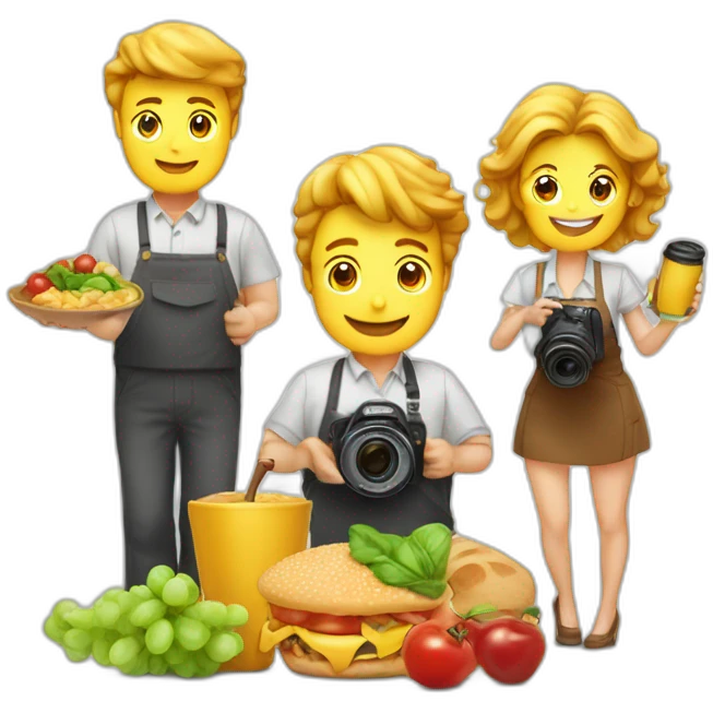food photographers with camera and food man and woman happy. Camera** and food emoji