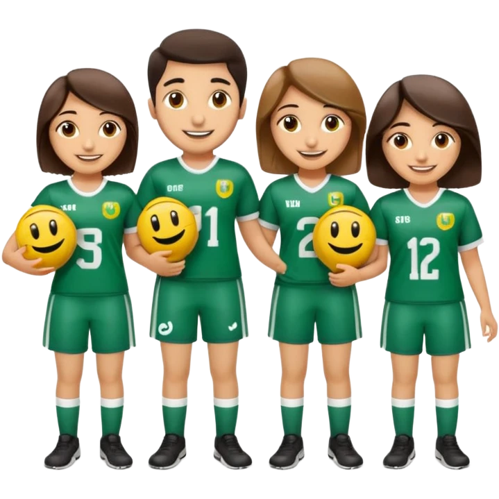 Make 5 decent characters include 4 girls and 1 boy and mentioned there names on there jersey ist husna, tuba, maleeha,alishba and boy Talha also smiley.creat a sign board and a besties off UOM and the  sign board takes by boy in his hand emoji