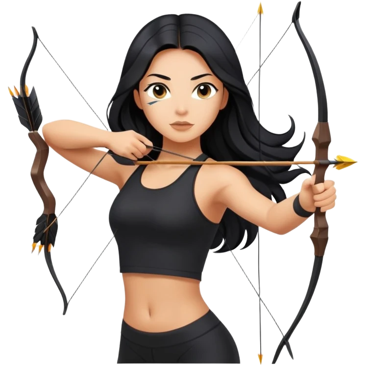 woman tanned long black hair, shooting arrow , black yoga clothes emoji