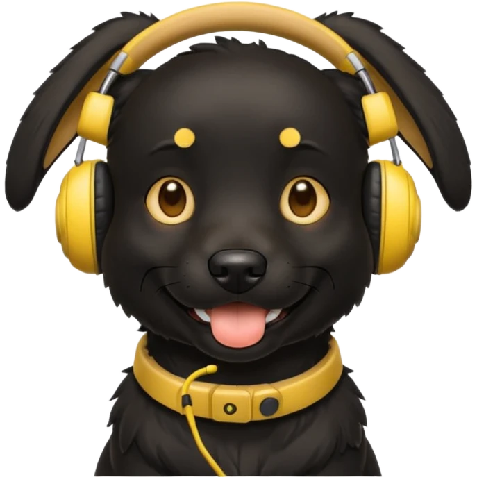 black happy dog wearing yellow headphones emoji