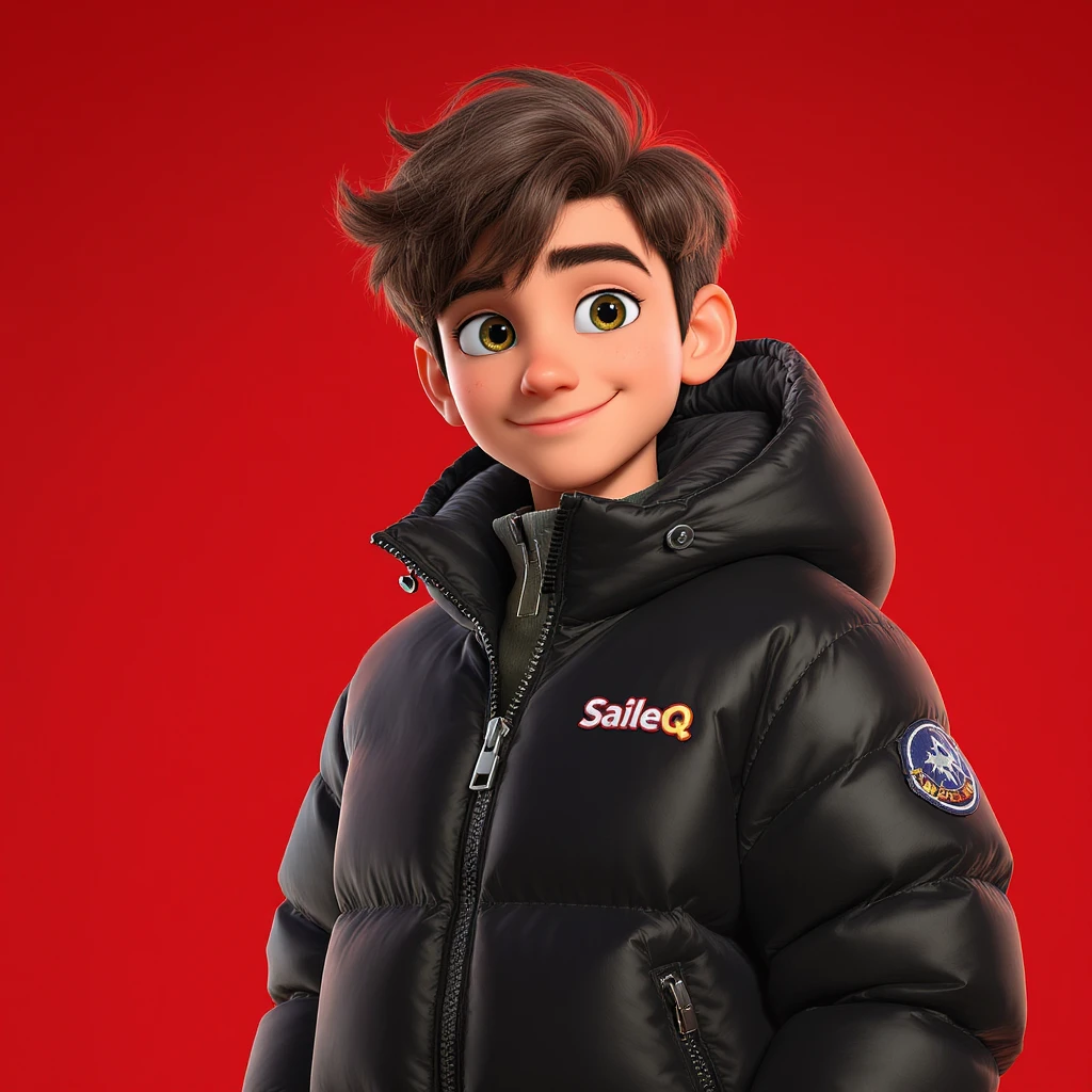 3d disney pixar character, young 18yo boy with dark brown hair, and a shiny black puffer balenciaga design jacket, brave smiling. The background is a solid red color, "SaileQ" on ajcket emoji
