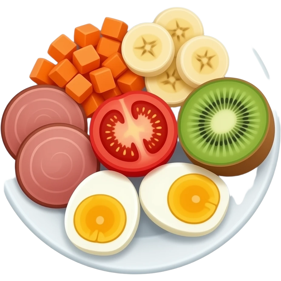 plate with meat carrot banana kiwi tomato eggs emoji