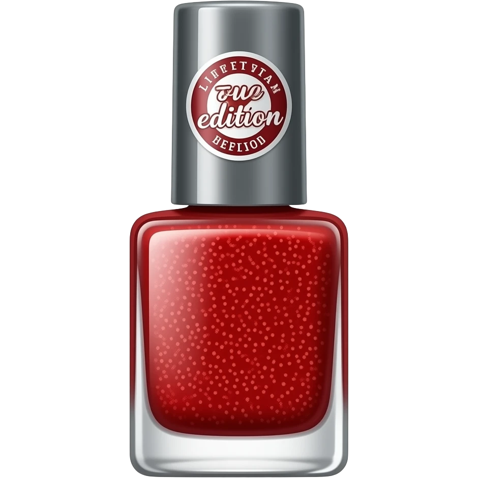A red glitter nail polish that has limited edition sticker on it emoji