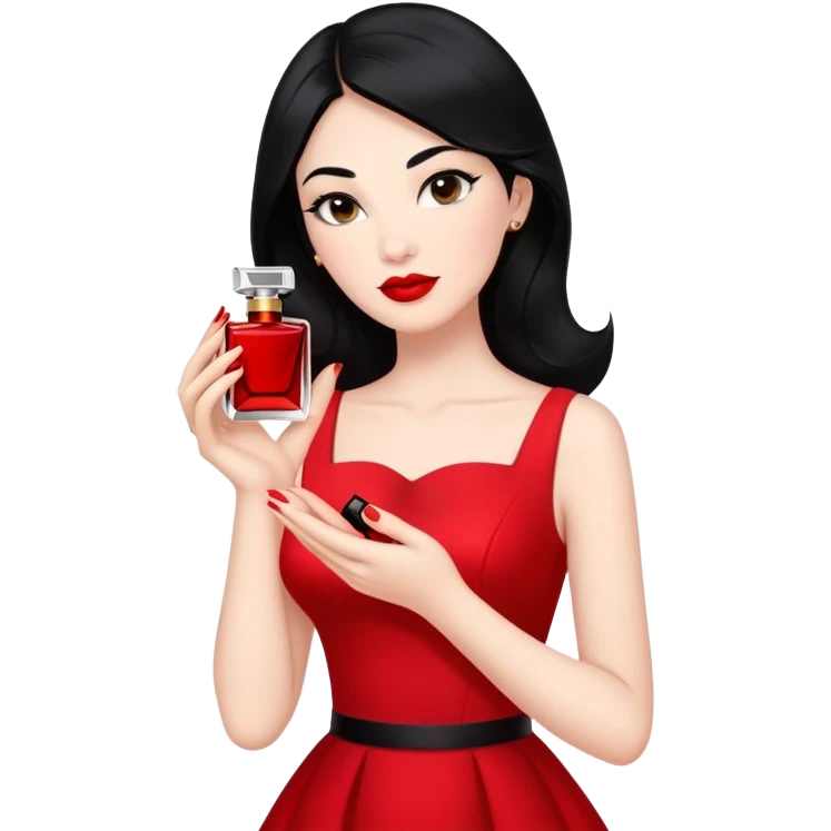 A grown woman wearing a red dress , red lipstick , black hair while holding perfume oils  emoji