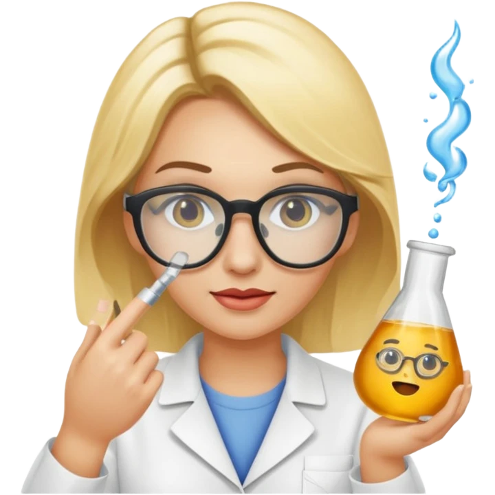 Eine hellblonde Chemikerin mit typischem Erlmeyerkolben in der Hand und Laborbrille auf emoji