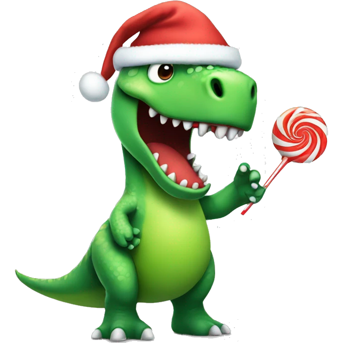 A green dinosaur stands in a Christmas hat with a lollipop emoji