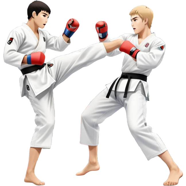 Two taekwondo fighters in traditional white doboks with black belts. One delivers a powerful kick, while the other defends by blocking with his knee. The background shows a professional arena with bright lights and an excited crowd. Transparent background highlights the intense action emoji