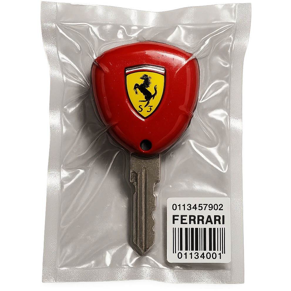 classic Ferrari car key, red with yellow Ferrari badge, chrome key blade, glossy emoji