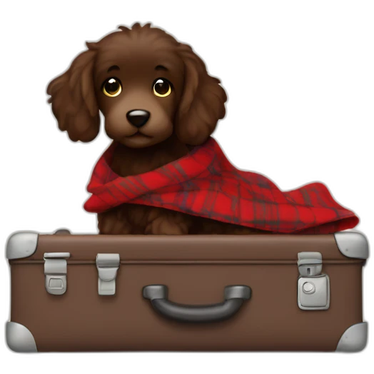 Chocolate colored doodle wearing a red and black flannel handkerchief with a carryon suitcase emoji