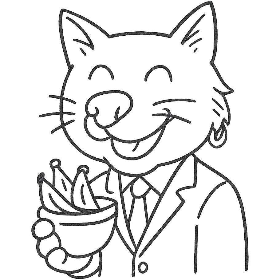 cat with a dog nose, wearing a suit, earring, holding a cup of bananas, playful expression emoji