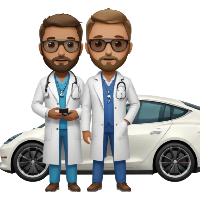 White tesla model 3 and one cool physician with dark blond hair, beard, stetoscope and dark sunglasses next to it emoji