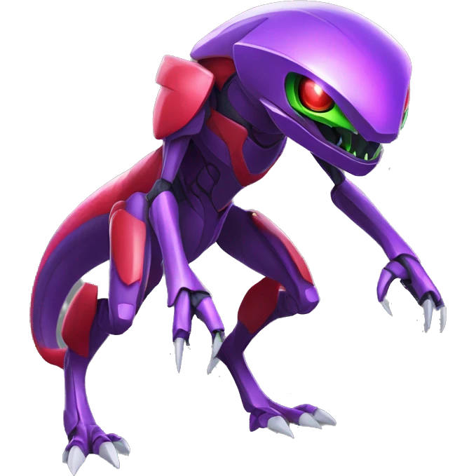 a shiny purple-green-red Genesect-Raptor-Fakémon—hybrid with a futuristic visor-helmet full body emoji