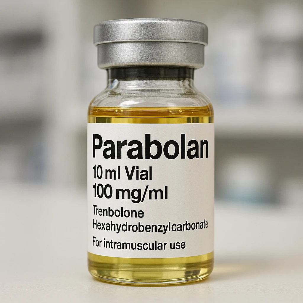 Create a realistic zoomed-in image of the vial with clear details of the vial and the label. The label should have the name 'Parabolan' clearly readable. The background should be neutral or a blurred pharmacy setting. Focus on realism and clarity of the vial and label. emoji