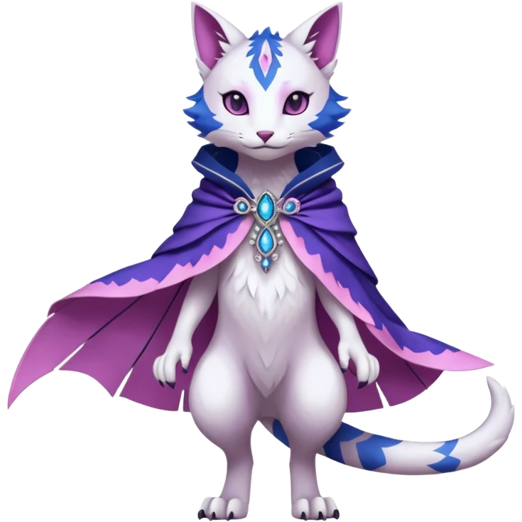 Kawaii white, indigo, purple, pink cute beautiful pretty elegant divine edgy feline-vernid-sergal-Fakémon-Pokémon-Digimon-fursona-animal-creature, full body, with intricate detailed markings, Embroidered capelet, silken shawl emoji
