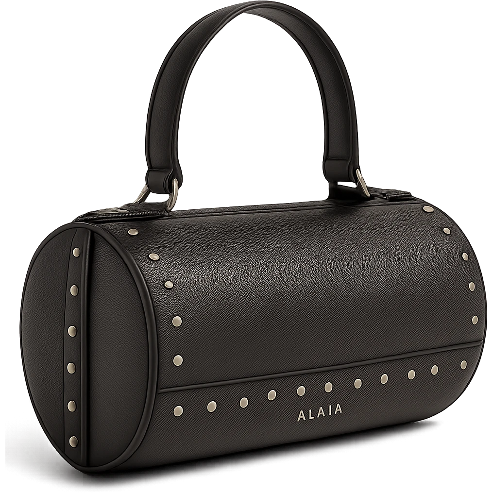 Make the Alaïa Teckel bag look more photorealistic with realistic leather texture, metallic studs, and natural lighting, on a white background. Keep the cylindrical shape and luxury details. Preserve transparency if present. emoji