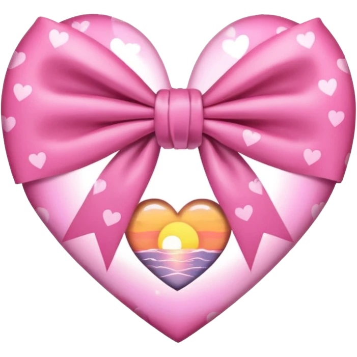 heart with a sunset, pink bow with heart pattern on the bow emoji
