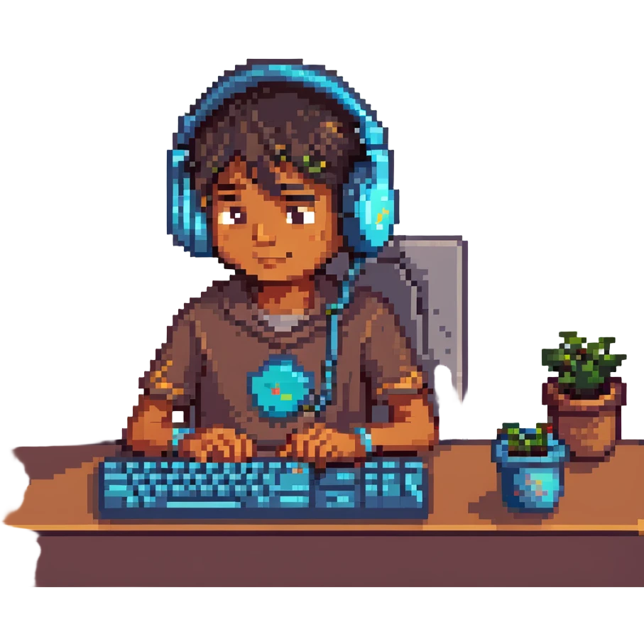 young Indian boy hacker wearing headphones coding on a desktop computer with a playful expression, pixel art style emoji