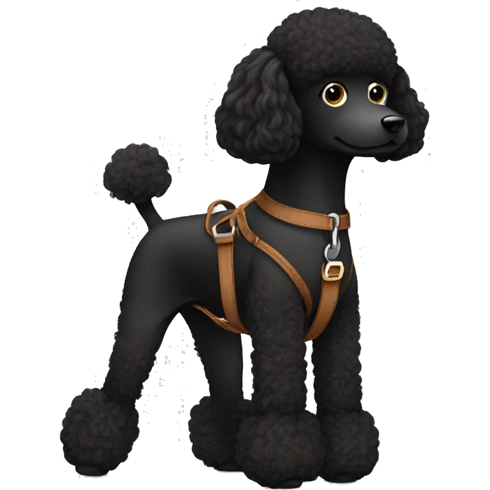 3 legs One Small unshaved Black Poodle with brown harness emoji