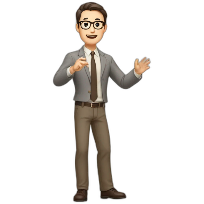 To belt Actively gesturing with hands Pale skinned fit man with dark brown hair in gray jacket, beige office shirt, brown tie, brown pants and vintage glasses. emoji