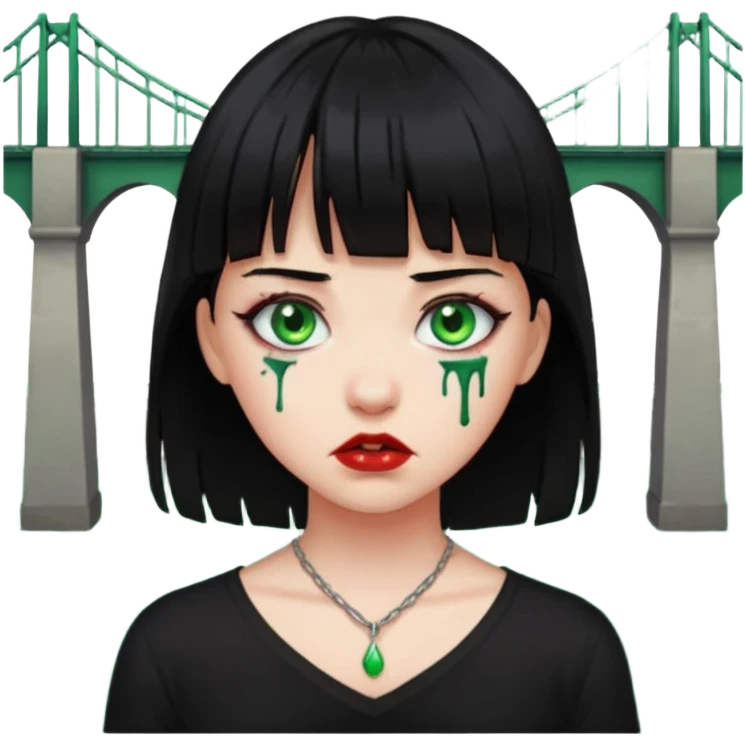 Guria com cabelo preto franjinha sangrando olhos verdes  fundo preto e um piercing bridgepiercing emoji