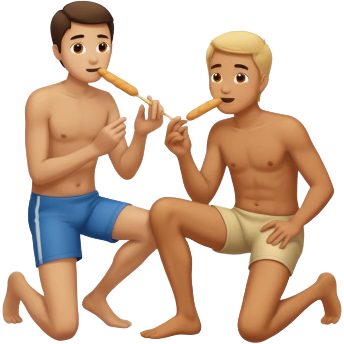 man on knees eating breadstick next to another man's leg emoji