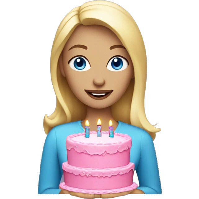 Blonde woman with blue eyes holding a pink birthday cake  emoji