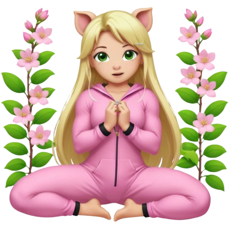 sexy and muscled, full body, in pink kegurumi pig pijamas, sexy girl, long blond hair, beautiful green eyes, makeup, earrings, muscled, surrounded by pink flowers and sakura petals emoji