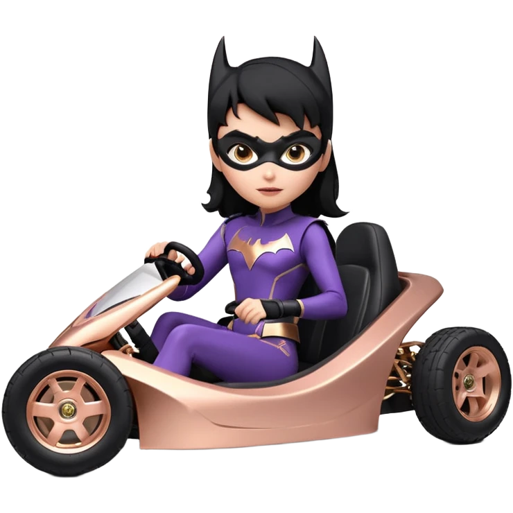 Hot full size real-appearance enclosed electric racing action BatGirl’s feminine midnight-colored tight outfit sixty’s tv show 1992 dark stealthy sporty safe plush petite off-road pursuit cruiser car rose gold accents (black hair,reclined and relaxed torso and shoulders seating position) go kart  emoji