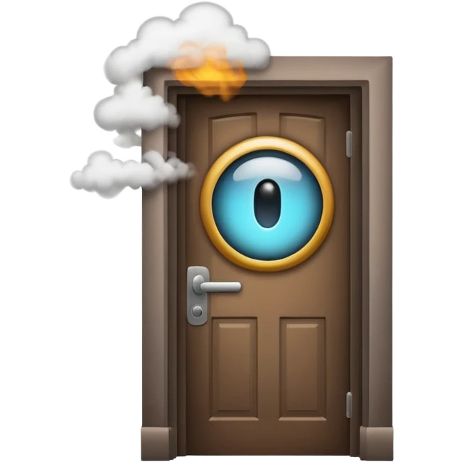 Minimalist emoji-style sticker of a half-open door, with smoke and a single glowing eye visible in the dark inside. Flat design, desaturated colors.
 emoji
